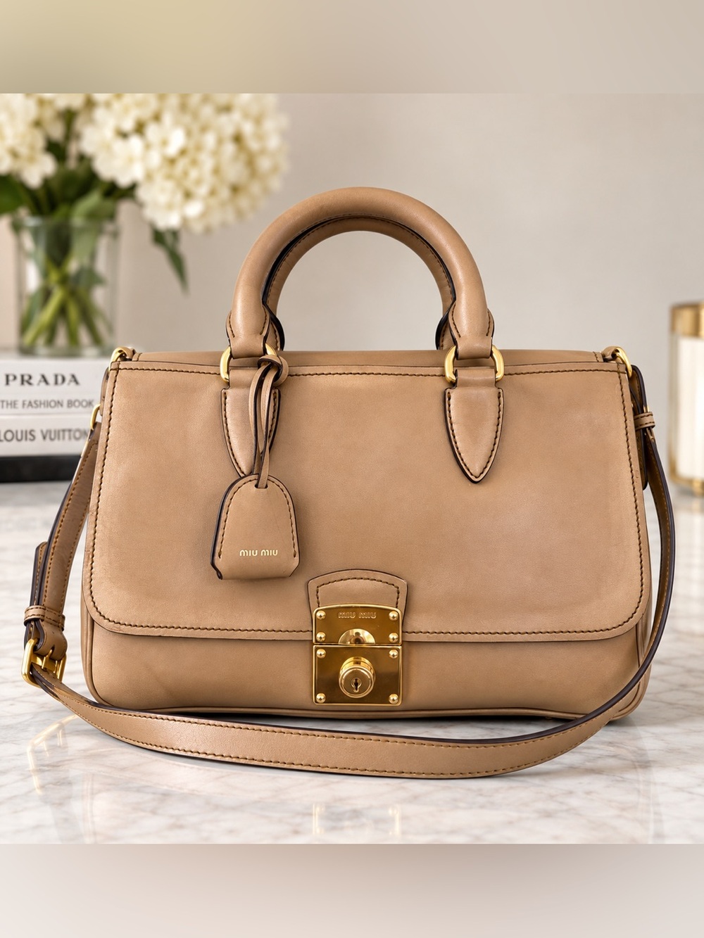 NEW Rare Miu Miu Vitello Tan Leather Top-Handle Satchel with Gold Hardware